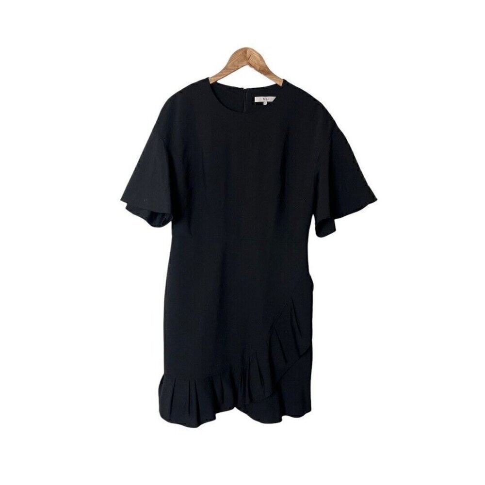 Tibi Bell Sleeve Tropical Wool Mini Black Pleated Faux Wrap Dress 10